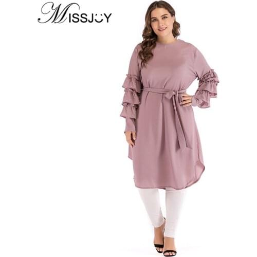 MISSJOY 2020 Fashion Muslim Ruffle Long Sleeve O Neck beading Patchwork Knee Length Dubai oversized shirt abaya dress female