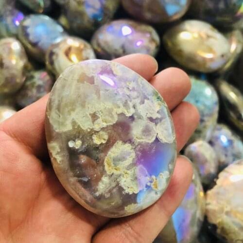 MOKAGY 30mm-60mm Natural Aura Flower Polished Cherry Blossom Agate Crystal Quartz Palm Stone for Gifts 1pc