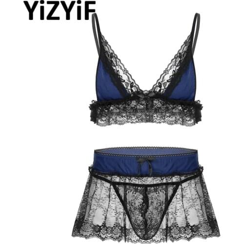 Mens Erotic Lace Sissy Lingerie Set Sexy Lace Bra Top With Sheer Mini Skirt And G-string Thongs Underwear Set Sexy Men Nightwear