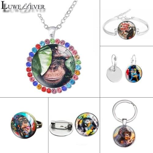 New 612 Monkey Glass Necklace Bracelet 25mm 30mm Double Sided Round Glass Cabochon Jewelry For Unisex Charm Pendant