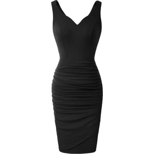 Grace Karin Dresses Women Pleated Pencil Sheath Dress Sleeveless V-Neck U-Back Hips-Wrapped Sexy Elegant Short Dresses Summer