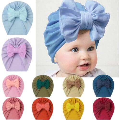 Lovely Winter Solid Color Thick Newborn Hat Boys Girl Cotton Soft Big Bow Elastics Turban Bonnet Caps Solids Baby Shower Props