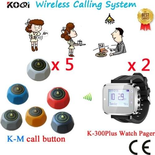Restaurant Waiter Calling System K-300plus Smart Watch Pager With Colorful K-M Durable Call Bell(2 watch +5 call button)