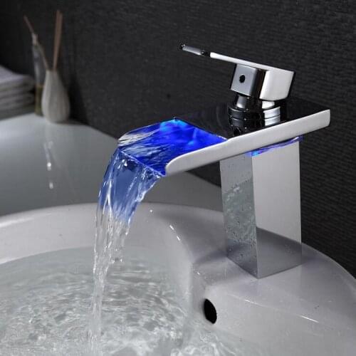 3 Colours change bathroom water basin faucet mixer tap, Single hole LED lamp basin faucet, Chrome plated waterfall basin faucet