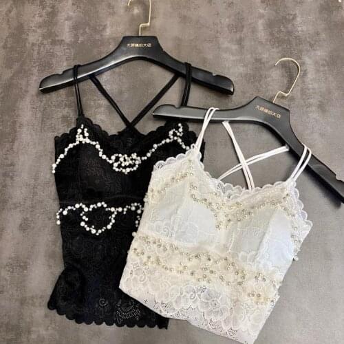 Crop Top Tops Women 2020 Summer New Heavy Pearl Beaded Beauty Back Sexy Women Halter Inner Bra Camisole Tank Top Nancylim