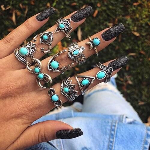 Vintage Jewelry for women Rings on fingers green Jewel Knuckles accessories ring set Gothic style undefined witch 11pcs/sets