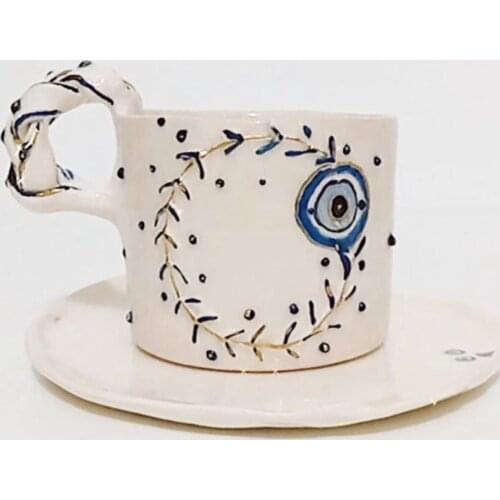 Handmade High Quality Ceramic Evil Eye Turkish Coffee Cup Office Cup Women Mothers Valentine Gift