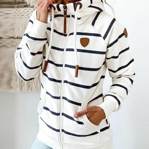 Women Drawstring Long Sleeve Stripes Hoodie Autumn Winter Pocket Sweatshirt Coat Striped drawstring hooded zipper coat
