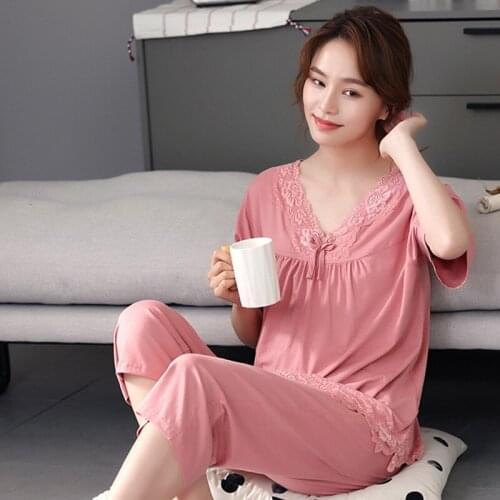 Sweet Lace Bow Trim Women 2PCS Pajamas Set Sexy V-Neck Modal Nightwea Summer New Modal Sleepwear Spring Autumn Loose Home Wear