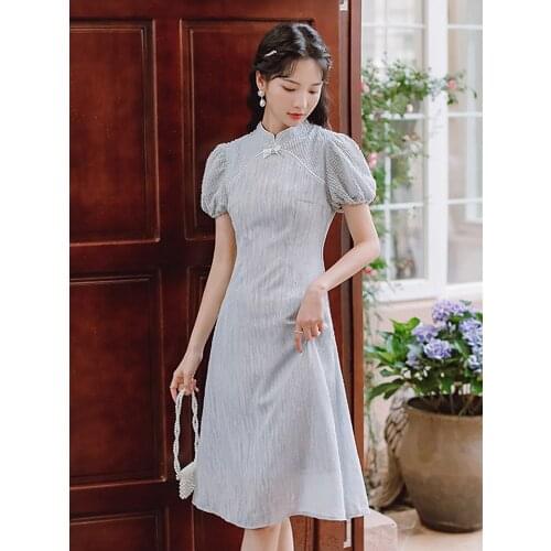 2021 Summer New Womens Retro Chinese Style Ethnic Style Bubble Sleeve Half-High Collar Cheongsam Dress Slim Mid-Length Dress
