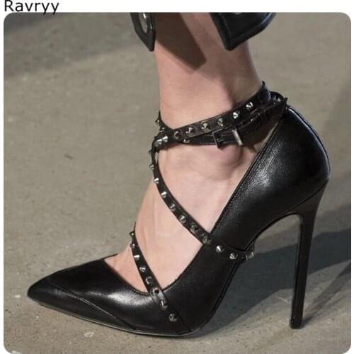 2019 Womans high heels black sandal cool rivet decor ankle strap female party dress shoes pointed toe thin heel single shoe