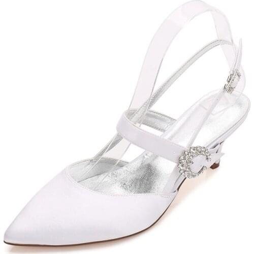 Kitten Heels Satin Wedding Shoes for Bride Pointed Toe Buckle Strap Heeled Prom Evening Bridal Party Dress Pumps