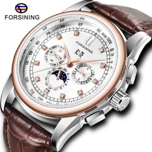 Top Luxury Forsining Mechanical Men Watch Fashion Diamond Dial Genuine Leather Belt Man Watch Moon phase Complete Cadenlar Clock