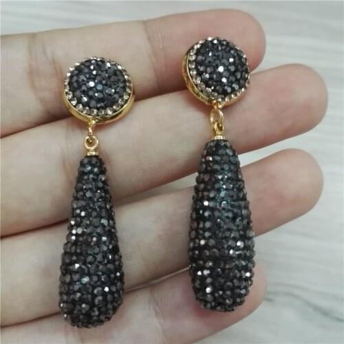 Black water drop pendants charms paved black rhinestone 4.5cm in total dangle earring for women
