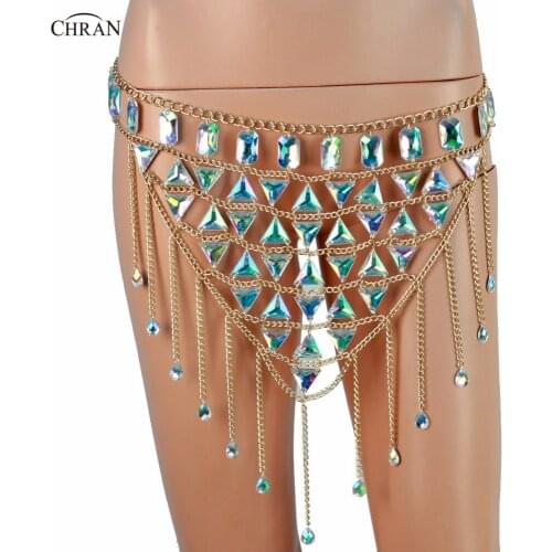 Chran Crystal Waist Belly Chain Women Water Drop Beaded Tassel Crystal Dance Hip Scarf Beach Bikini body Jewelry Festival Wear