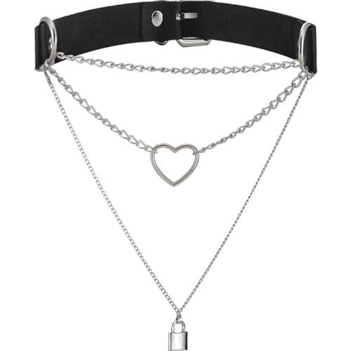 Gothic Lock Chain choker collar harajuku women girls black leather chocker emo Kawaii witch rave jewelry Punk pendant necklace