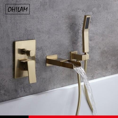 Waterfall Spout Wall Mounted Tub Faucet Brushed Nickel Black Gold Single Handle Wall Bathtub Filler Hand Shower cUPC Certified