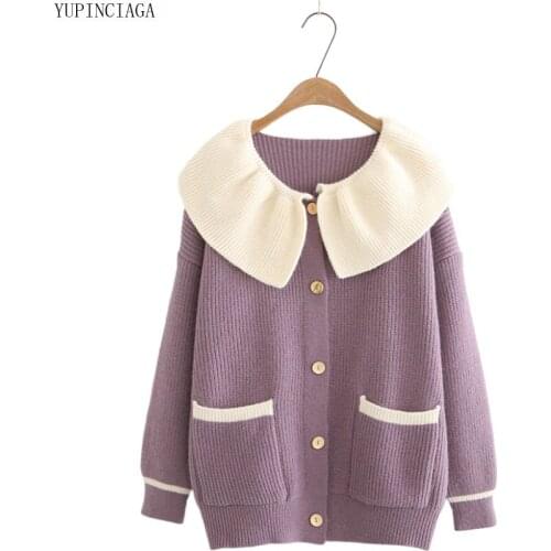 Women Cardigans Hit Color Knit Patchwork Doll Collar Sweater 2020 Autumn Winter Loose Long Sleeve Japan Style Sweaters