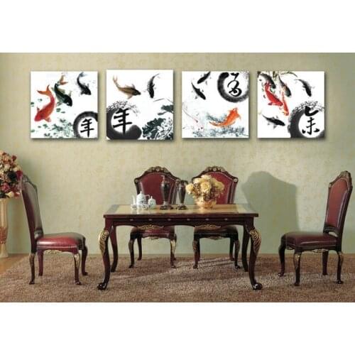 4 Panels Canvas Painting Chinese Rich Fishes Wall Art Picture Home Decoration Living Room Canvas Prints without Frame
