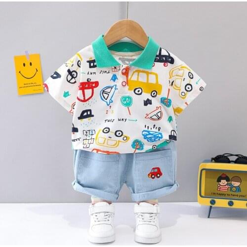 Baby boy clothes set summer cute cartoon car print top denim shorts two pieces baby boy casual cotton suit clothing for children