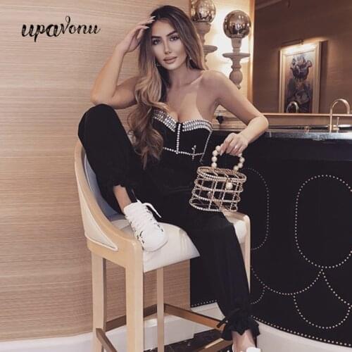 Mantual Beading Bandage Set Sexy Wrapped Chestless Back Top & High Waist Pencil Pants 2 Two-Piece Set Night Club Party Outfits