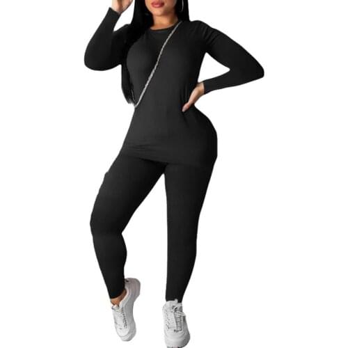 2pcs Sports set Womens Long-Sleeved O neck Top Long Trousers Suit Elastic Solid color Casual Outerwear Tracksuit Sets