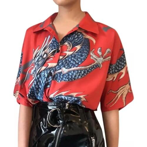 Summer Japanese Harajuku Dragon Print Blouse Women Short Sleeve Oversized Boyfriend Shirt Chic Fashion Tops Streetwear Kimono
