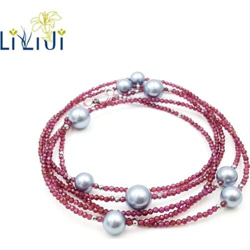 LiiJi Unique Black Spinel Garnet Amazonite Mother of Pearl Sterling Silver Clasp Long Women Necklace For Daily Party Wedding