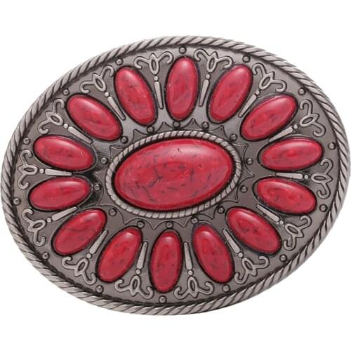 Bohemia Style Oval Red Gem Beads Metal Western Cowboy Belt Buckle
