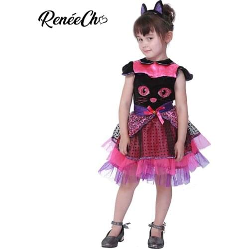 ReneeCho Cute Pink Cat Dresses Baby Girls Halloween Costume For Kids Toddler Animal Kitty Cosplay Birthday Party Dress Headband