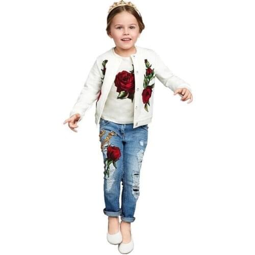 Fashion Girls Clothing Sets For Spring Baby Girl Sets Cotton Floral 3pcs Suit Set Flower Coats+Shirts+Jeans Cool Girls Outfits