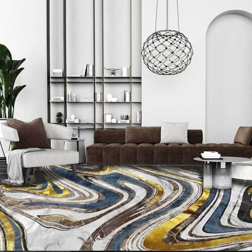 Fashion Living Room Carpet Modern Style Decorative Met Luxury Abstract Curve Marble Pattern Blue Gold Carpet In Bedroom Bedside