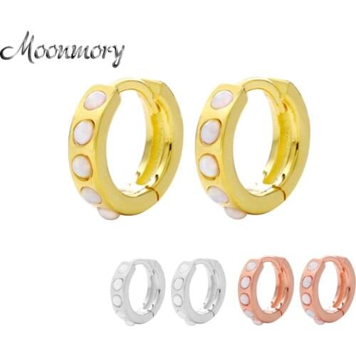 Moonmory 100% Real 925 Sterling Silver Opals Huggies Three Color Hoops Earring Circle Luxury CZ Zircon Fine Rock Punk Jewelry