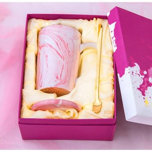 Marbling blank mug with real gold rim, one mug, one lid and one spoon for one sets, suit for teens,packing with gift box