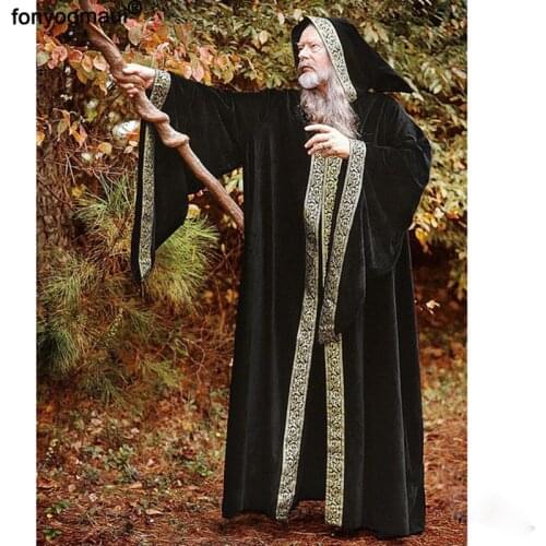 Unisex Cos Medieval Vintage Print Hooded Monk Witch Costume Men Women Priest Pastor Clergy Gown Robe Cape Cloak Halloween Outfit