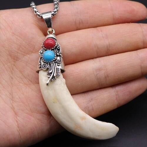 National Necklace inlaid with wolf teeth female silver imitation pig teeth silver set Pendant