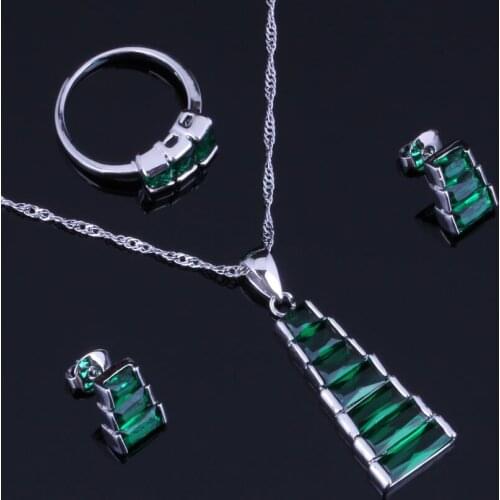 Fascinating Trapezoid Green Cubic Zirconia Silver Plated Jewelry Sets Earrings Pendant Chain Ring V0962