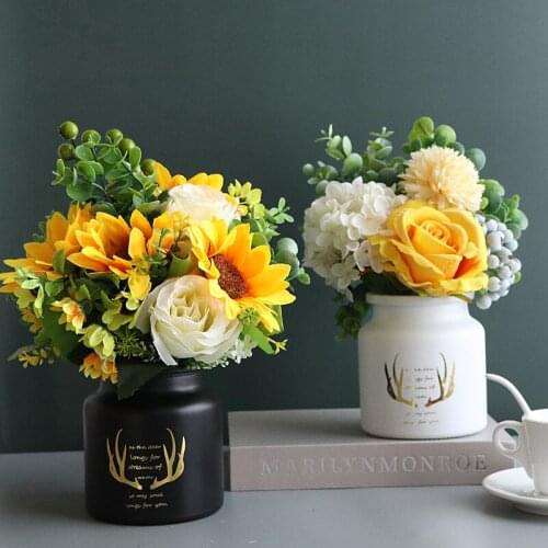 Pastoral Glass Vase+Artificial Flower Ornaments Home Livingroom Table Silk Bouquet Floral Figurine Accessories Decoration Crafts