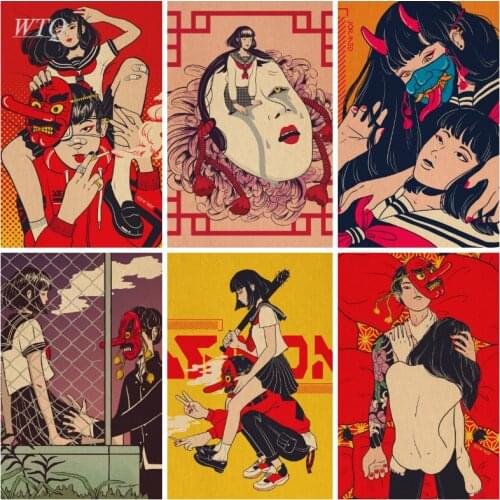 Geni Riot Artwork Fox Mask Girl Anime Posters Retro Poster Home Decor Wall Art Canvas Painting Photos for Childrens Room Decor