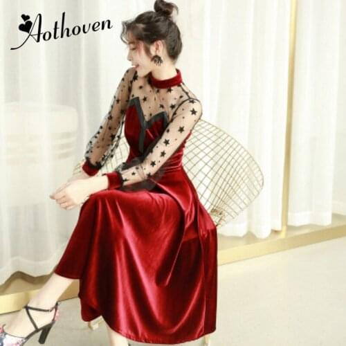 Mesh Patchwork Velvet A-Line Dress 2018 Autumn Women Long Sleeve Bandage O-neck Dress Elegant Vintage Party Club Dresses Vestido