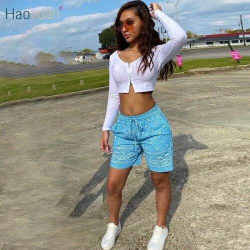 HAOYUAN Casual Bandana Shorts Women Fashion Streetwear 2021 Summer Gym Clothing Hip Hop Shorts Vintage Pocket Lace Up Shorts