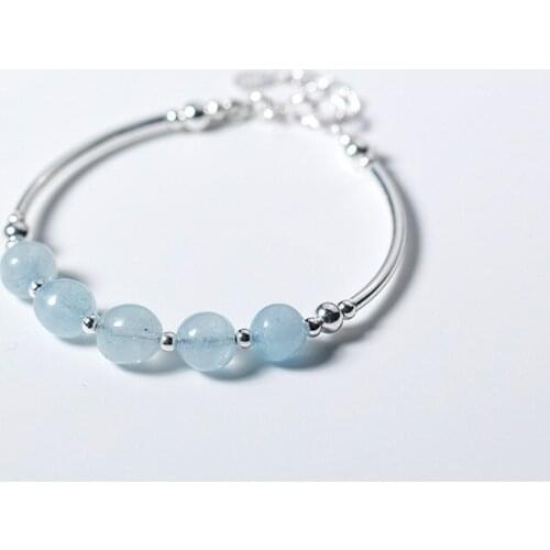 Real. 925 Sterling Silver Fine Jewelry natural Beads Blue Crystals Cuff Bracelet (length 15cm-17.5cm) GTLS486