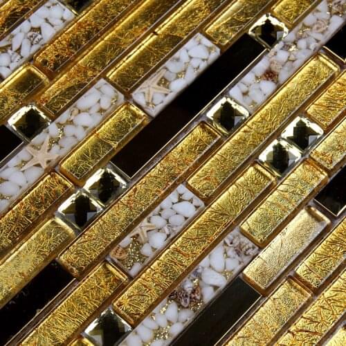 Luxury golden shining mosaic tiles strip stainless steel mixed glass & shell for kitchen backsplash bathroom shower tiles