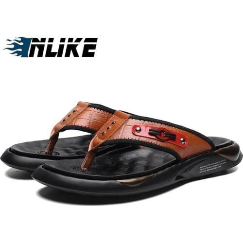 Luxury Brand 2019 New Mens Flip Flops Genuine Leather Slippers Mens Slippers