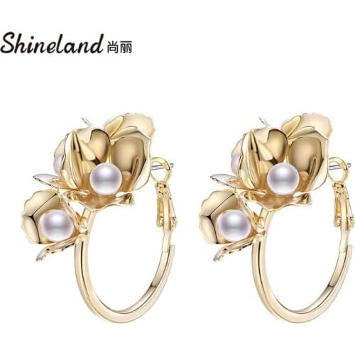 Shineland Exquisite Elegant Simulated Pearls Flower Big Hoop Earrings Charm Gold Color Metal Brincos for Women Bijoux Femme Gift