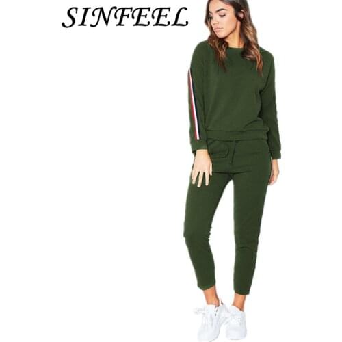 SINFEEL Autumn Winter Women 2 Piece Set Top and Pants Striped Woman Set Sweatshirt Top and Drawstring Pants Set Tracksuit