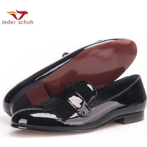 Men Shoes Handmade Men Black Patent Leather Shoes With Classical Brogue Printing And Suede Fringe Party Men Loafers