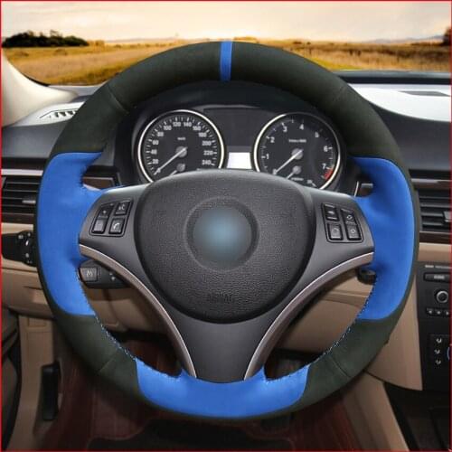 MEWANT Black Blue Suede Comfortable Soft Hand Sew Car Steering Wheel Cover for BMW E90 320i 325i 330i 335i E87 120i 130i 120d