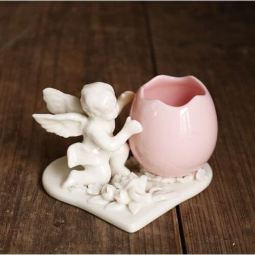 Vintage Handmade Ceramic Delicate Angel Bouquet Pink Egg Small Decoration Candlestick