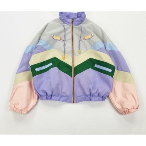 Women Pastel Bomber Jacket Cute Cartoon Villain Embroidery Color Block Duster Souvenir Japanese Preppy Girl Spliced Style Jacket